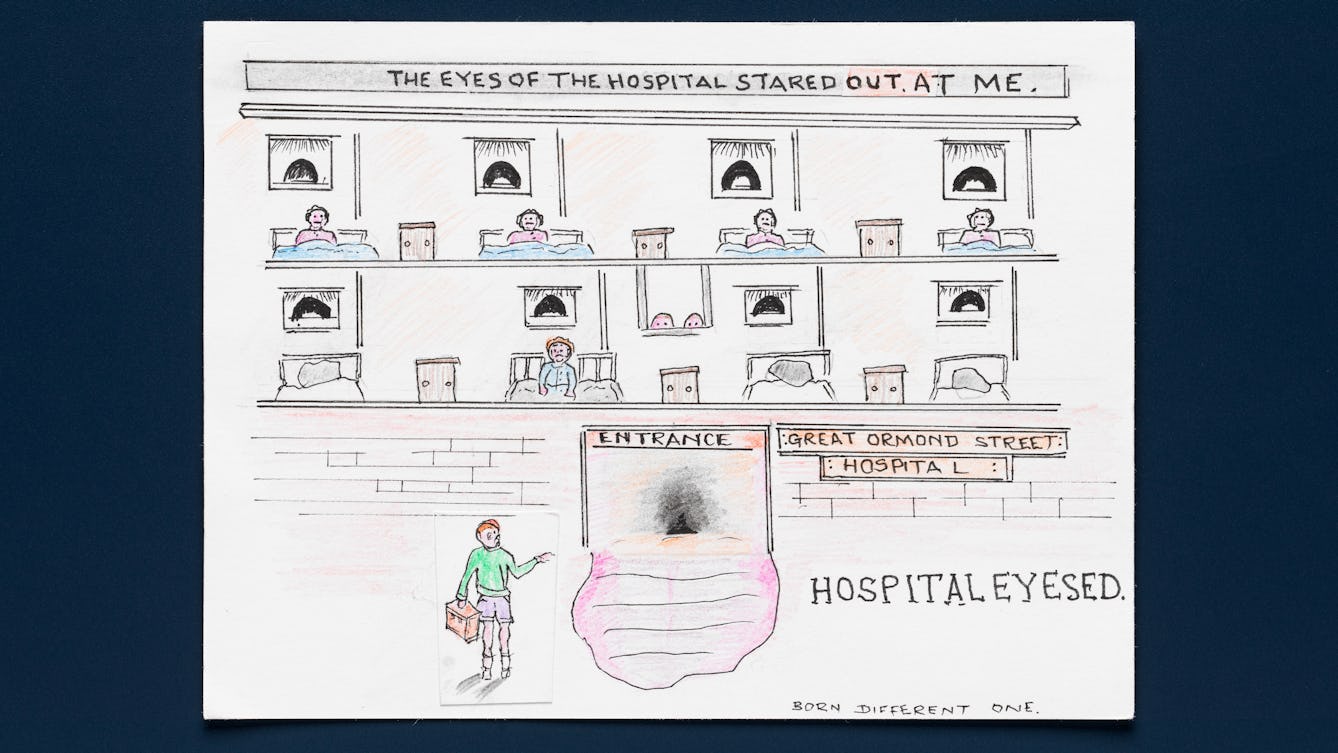 Photograph of an artwork resting on a deep blue background. The artwork is colour pencil and ink on textured white paper. It shows a small child carrying a suitcase, standing outside the entrance to a large hospital building. The facade of the building has been removed, revealing 2 floors of beds with a child in each staring down at the lone child on the threshold. The entrance to the hospital looks like a mouth with a tongue as the steps leading up. The artwork is titled 'The eyes of the hospital stared out at me. Hospital Eyesed'. On the hospital wall is the sign, 'Great Ormond Street Hospital'.