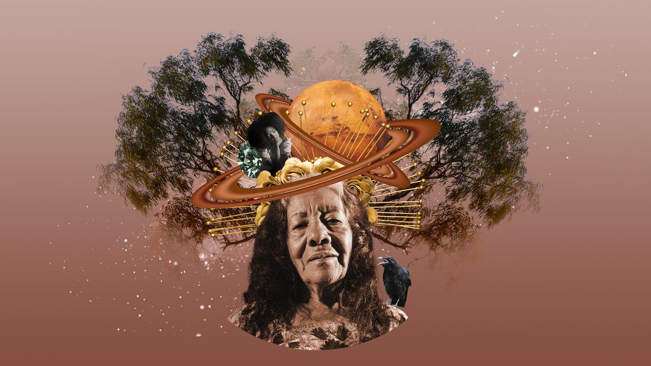 Digital collage artwork made up of rusts, orange and yellow hues. A cluster of collaged elements sit at the centre of the image. The atmosphere is one the natural world, female humanity and the wider cosmos A large central older female face looks out at us. Her head is framed by 2 symmetric trees, above her head is a Saturn-like planet, a small female figure rests on a golden headdress of rose petals. One the central figure's shoulder sits a crow, beak open.