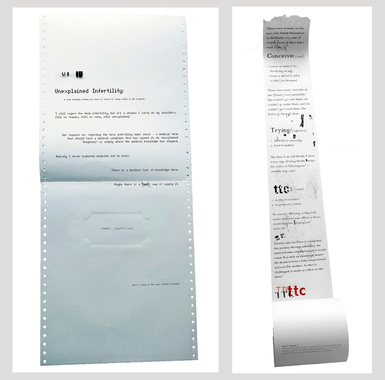 Two images side by side. One is of an old dot matrix computer print out with text, the other is a till roll with text and images added.