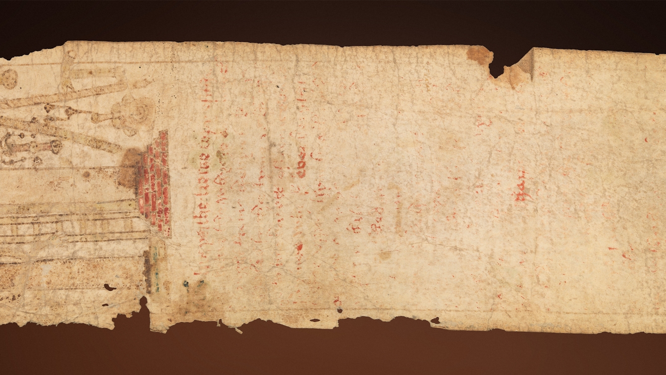 Section of medieval parchment strip, with very faded text, stains and damage along the edges.