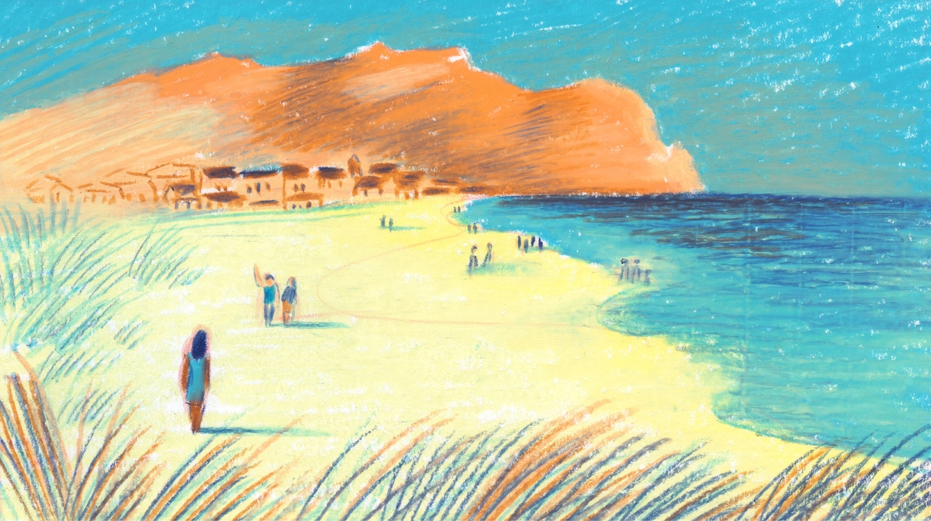 The woman walks down a sunny beach to greet two figures, one of whom is waving to her. The same village can be seen from the first image, in the distance in a much warmer light.