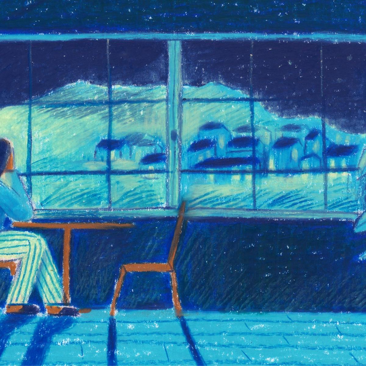 A woman sits at a table in her slippers, resting her head in her hand. She looks out of a large window onto a village at the base of a hill. The illustration is cool-toned, with a deep blue wash.