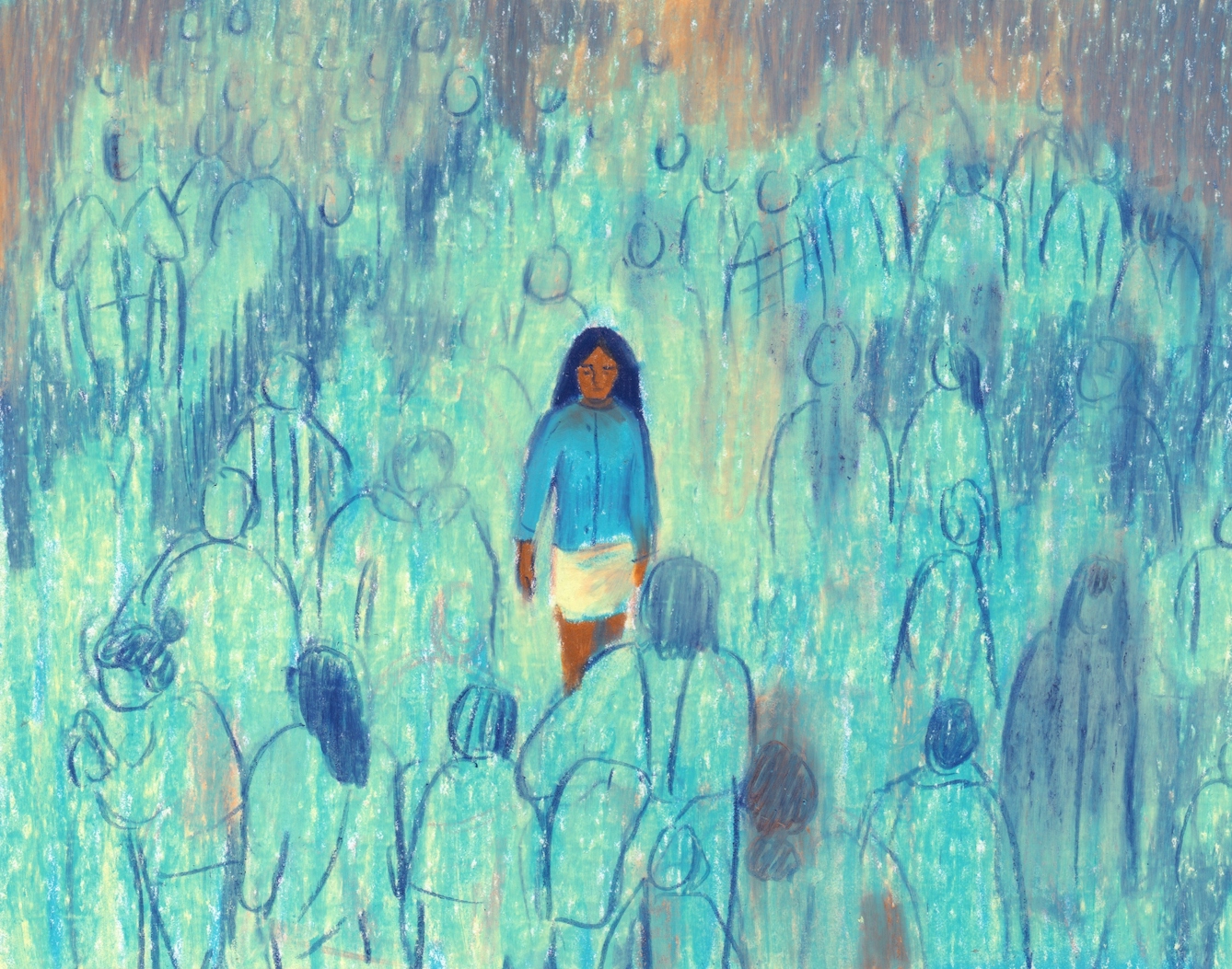 The same woman stands in the centre of a large crowd of people. She is in focus and detailed, the surrounding people are ambiguous figures only. A warm light creeps in from the top smudging the figures, the rest of the scene is cool-toned, with a light blue wash.
