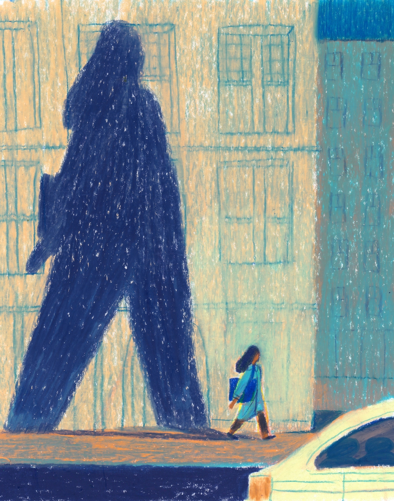 The same woman walks down the street past a yellow car. Her shadow trails behind her, in a very large projection onto the building behind. There is a lot of warm light illuminating this scene.