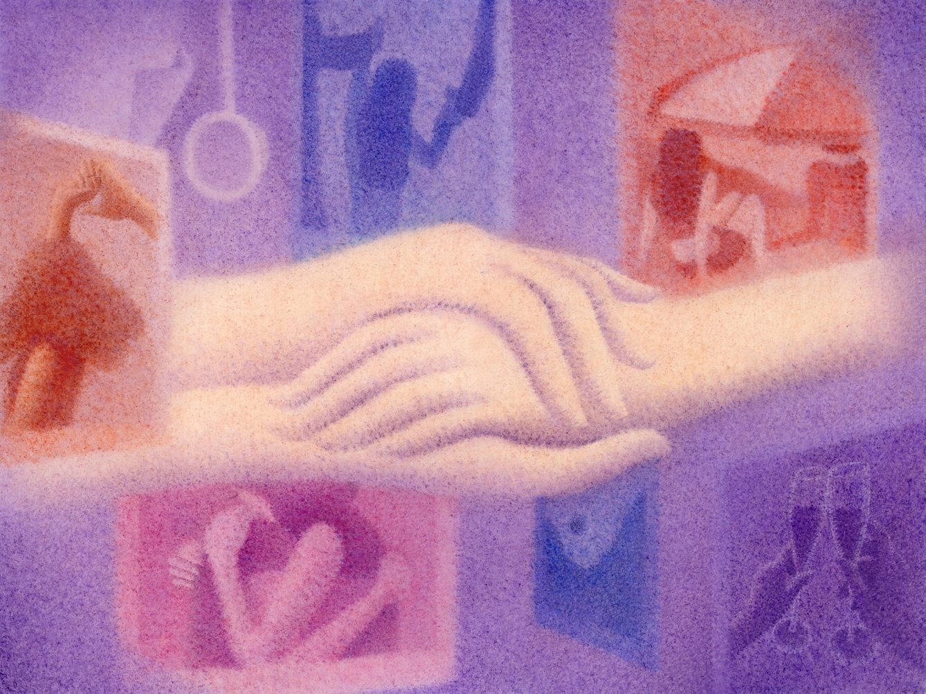 A nurse gently holds a patient's hand, while Polaroid photographs with memories from the patient's life float around them