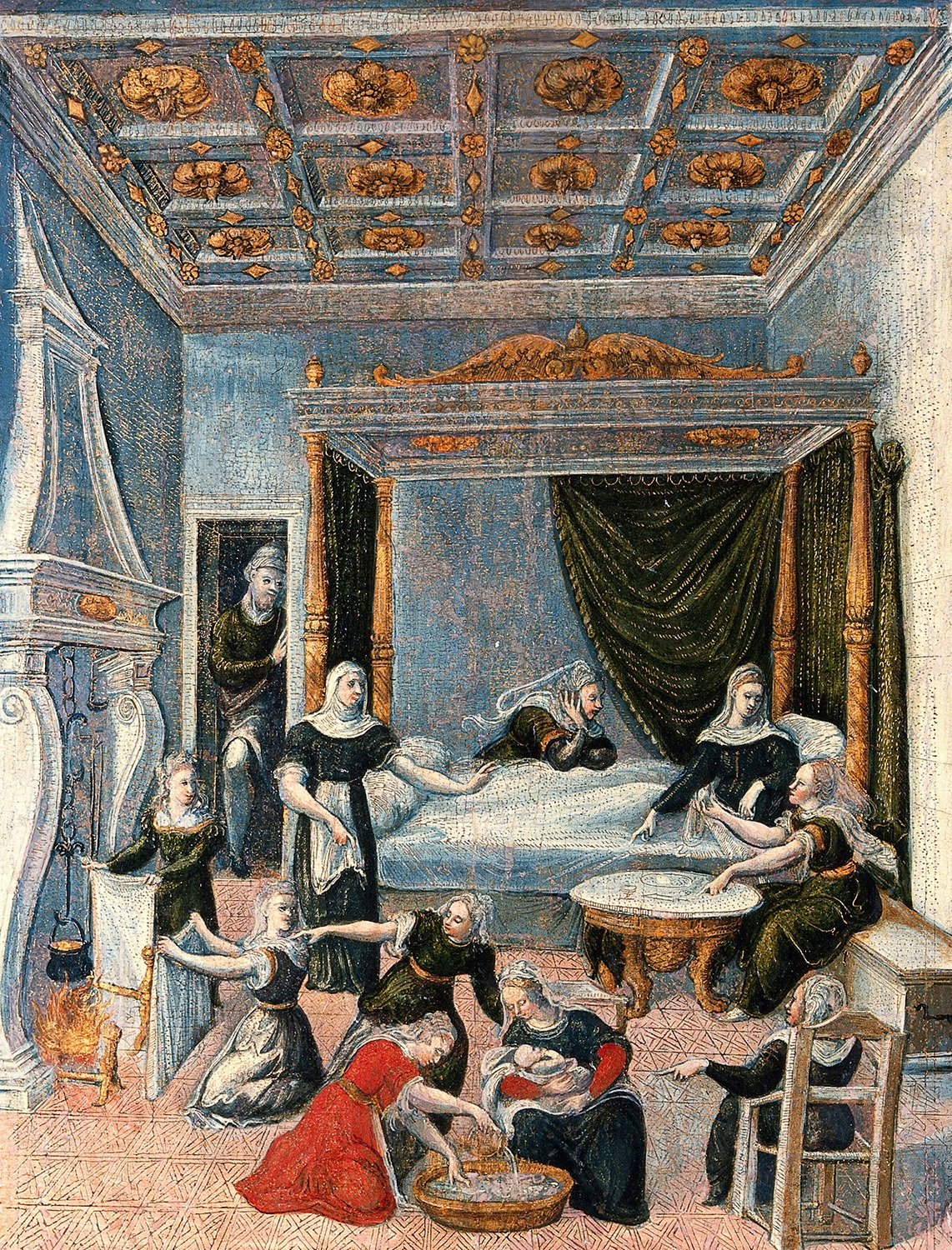 In a wealthy medieval bedroom, lots of women are busy attending to a woman in a four-poster bed who has just given birth. In the foreground, three women kneel on the floor, washing the new born baby with water from a shallow bowl.