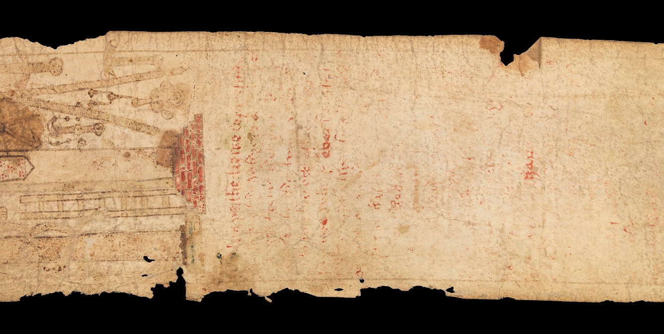 Section of an unrolled medieval birth scroll showing signs of heavy wear and tear, text rubbed feint and stains on the parchment.