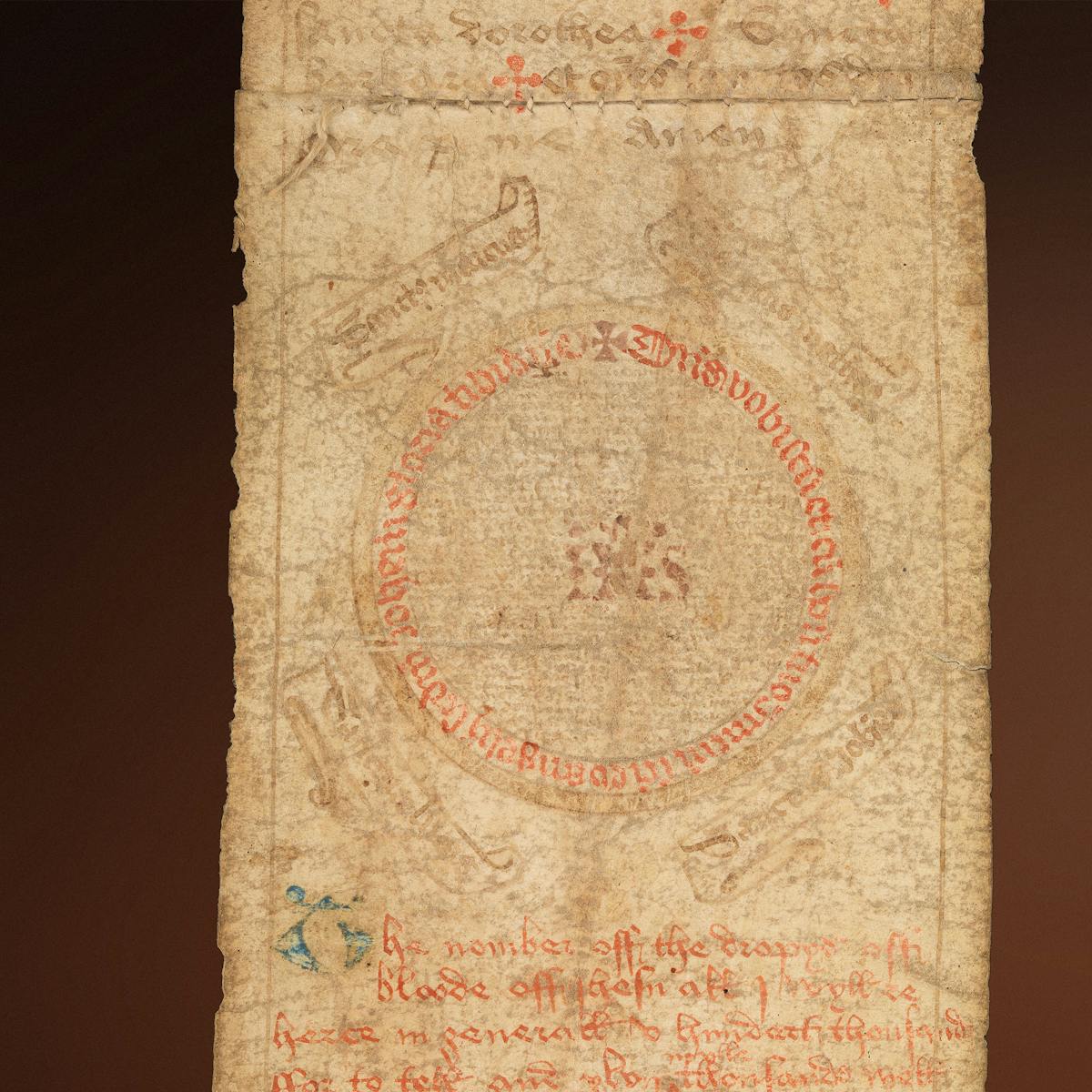 Section of an unrolled medieval birth scroll showing signs of heavy wear, text rubbed feint and illustrations.