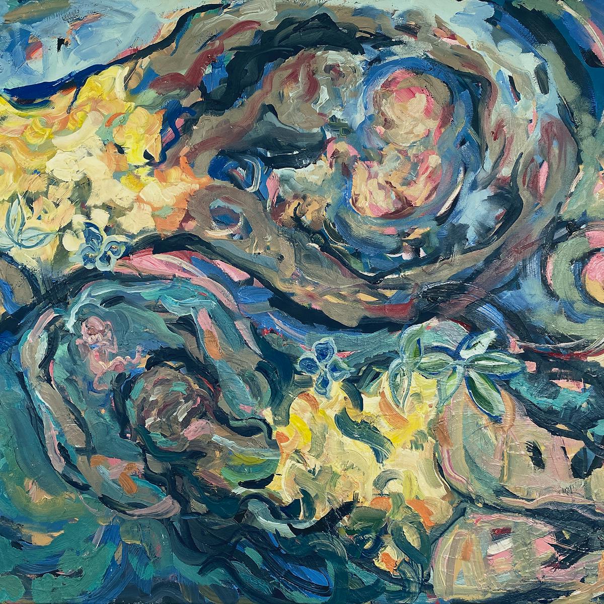 An oil panting by Sue Bridge of two women in yellow swim suits floating on their backs in the water. Their arms are clasped over their heads, encircling a baby in the foetal position.
