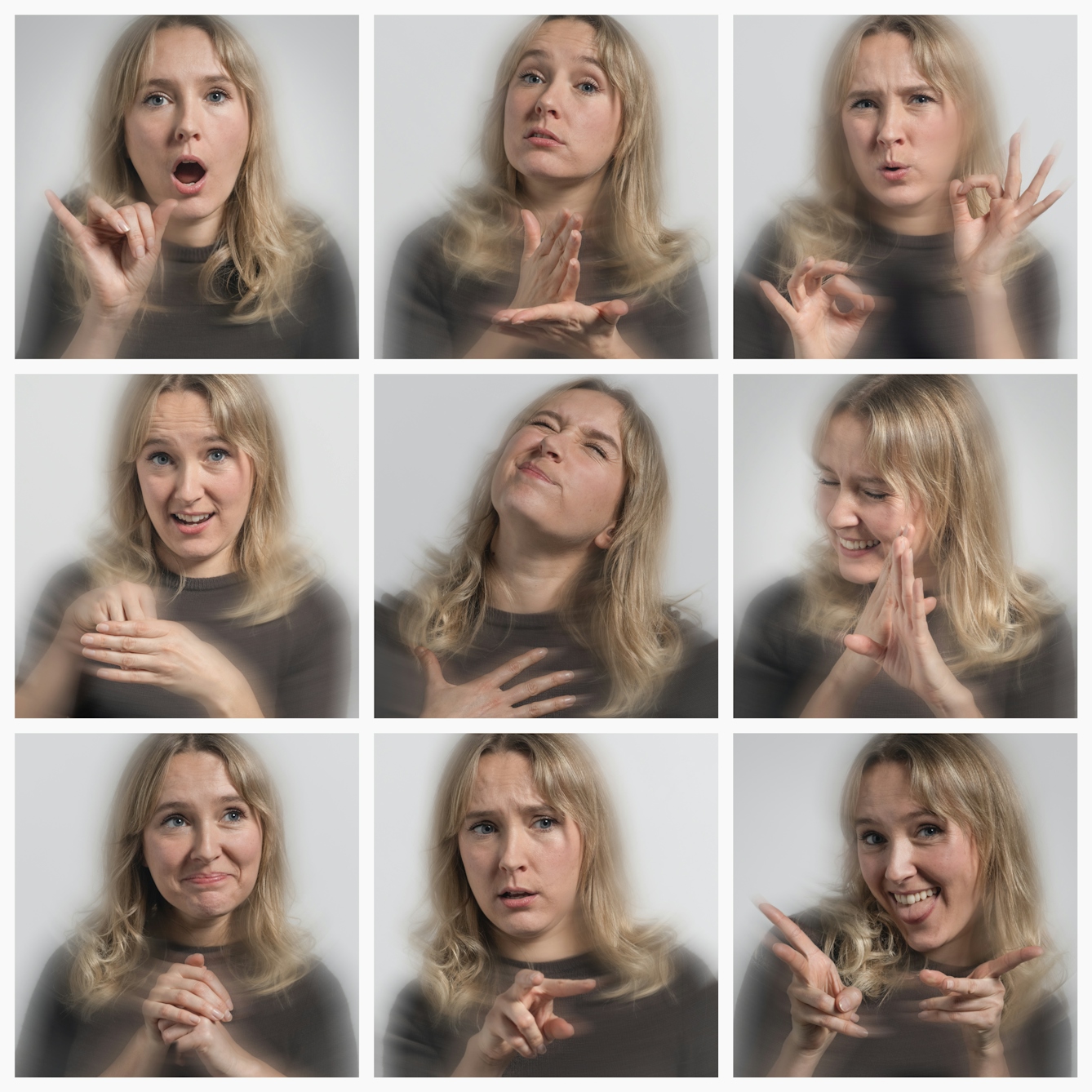 A three by three grid of closeup portraits of Rose Ayling-Ellis, showing her head, shoulders and hands. Each portrait contains blurred movement which combined with her facial expressions, emphasises the words she is signing.