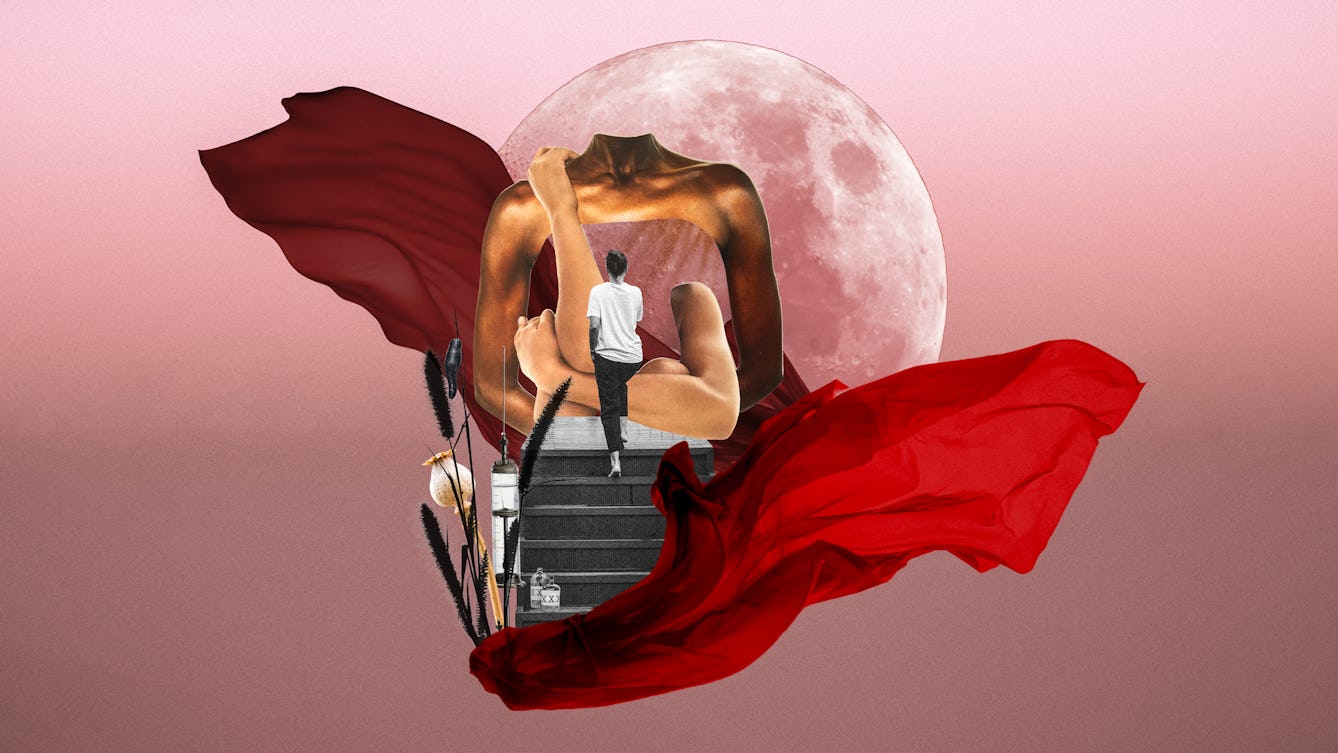 Digital collage artwork made up of pink, red and black and white hues. At the centre is a large image of the moon. Overlaid on top are two sheets of red fabric billowing and flowing as if in the wind. One flows to the left and the other to the right. In between them is a staircase rising up. At the top is the back of a woman who has just reach the top. In front of her are fragments of two large female torsos which are transparent and through which the moon behind can be seen. At the base of the staircase are a collection of objects, a poppy seed head, a syringe, a leech, grasses and 2 bottles with XXX printed on the label.