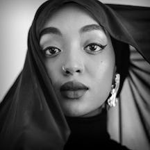 Photographic black and white, head and shoulders portrait of Amaal Said.
