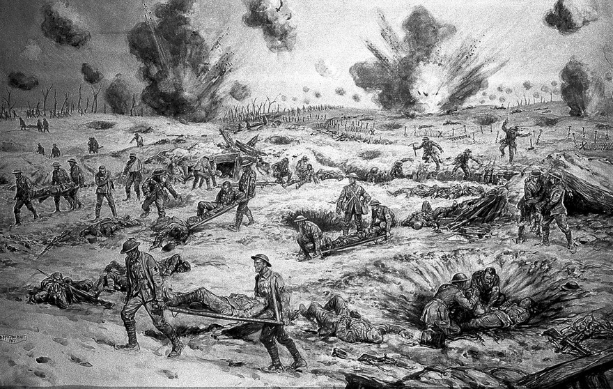 World War I: orderlies of the Royal Army Medical Corps attending to the wounded. Watercolour by D. MacPherson, 1917.