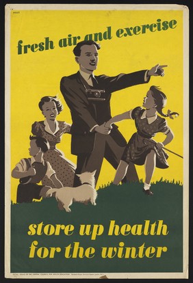 A man and wife and their two children and dog climbing up a grassy knoll as exercise in the fresh air. Colour lithograph by Hulls.