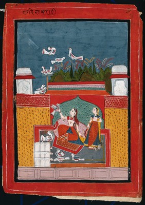 An Indian woman holding a bird while another looks on. Gouache painting by an Indian painter.