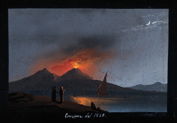 Mount Vesuvius in eruption at night, showing the Bay of Naples in the foreground with a sailing boat, and spectators on the opposite shore. Gouache, 1828.