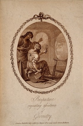 A female figure at an easel is helped by another with a compass; representing perspective and geometry in art. Coloured stipple engraving, 1786.