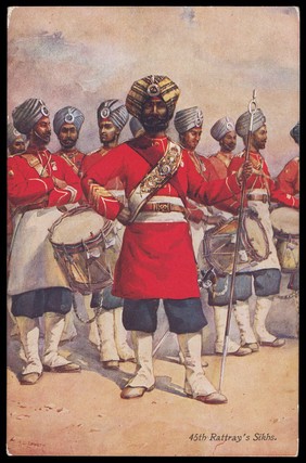 Soldiers in the 45th Rattray's Sikhs infantry regiment. Colour process print after A.C. Lovett, 191-.