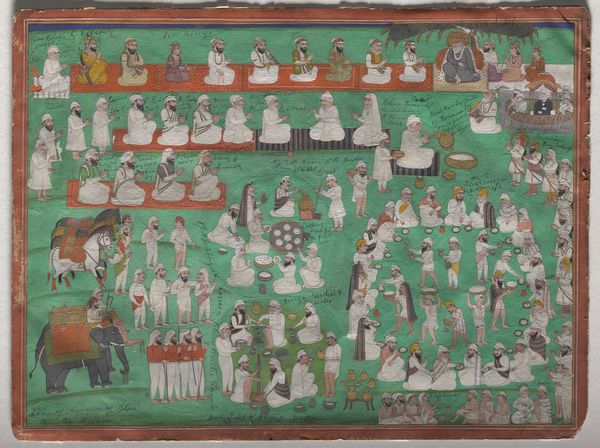 Kings and other devotees paying homage to Guru Nanak, as food and drinks are organised and served to a number of people. Gouache painting by an Indian painter.
