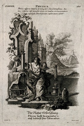 Figures representing the investigation of nature; in the background, Pliny the elder being killed while investigating Vesuvius during its eruption. Engraving by J. Wangner after G. Eichler the younger, ca. 1759.