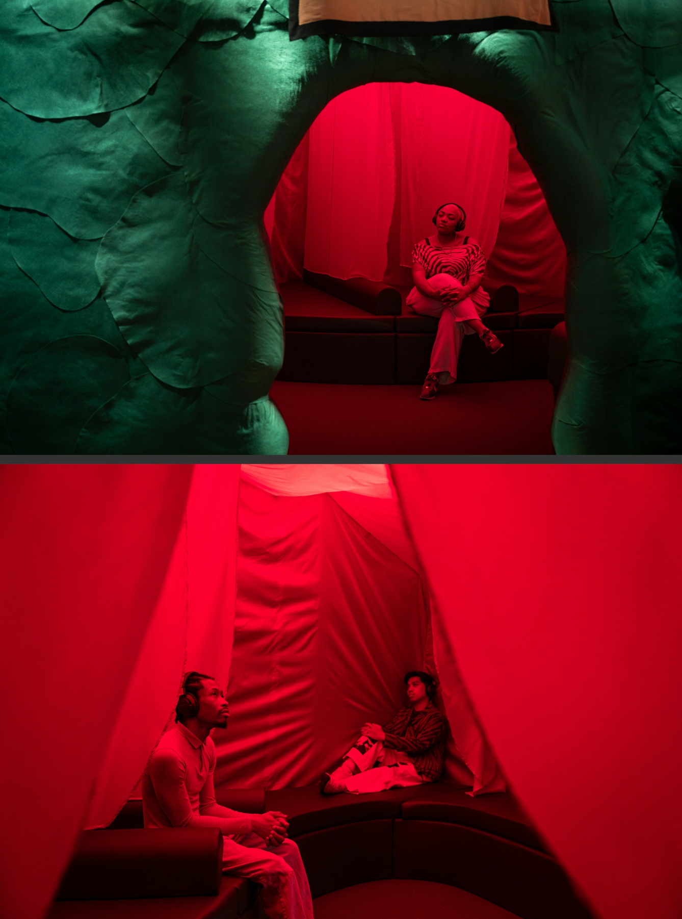 Photographic diptych of a gallery space. The image on top shows a visitor wearing headphones with their eyes closed and legs crossed, sitting inside a large green structure. The inside of the structure is bathed in warm red light. The image on the bottom shows two more visitors sat inside, one relaxing in the corner, legs outstretched on the the seating, the other sat gazing contemplatively into space.