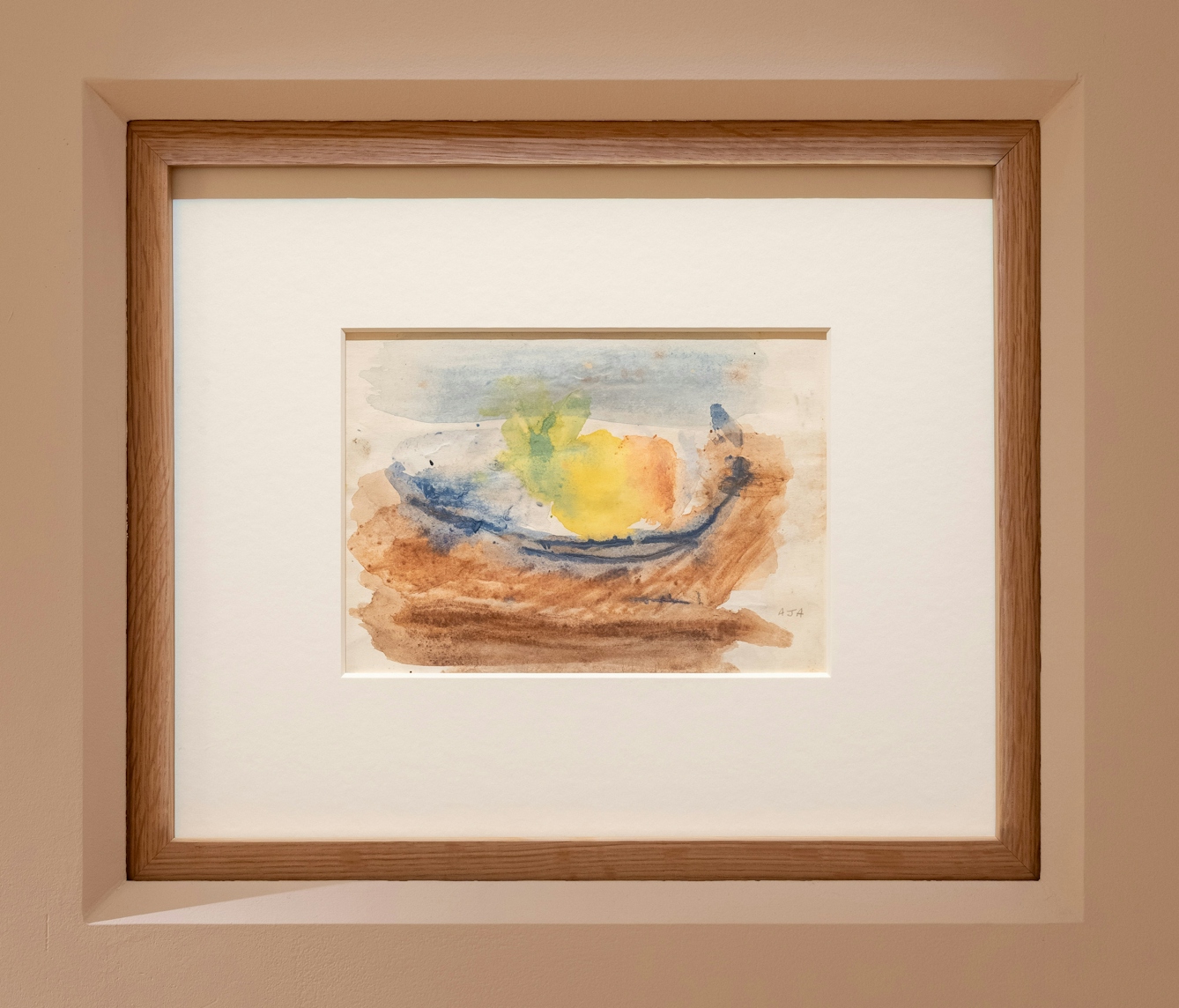 Framed watercolour painting of unidentifiable fruit in a shallow dish. 'Dish with Fruit(1)' by Audrey Amiss.