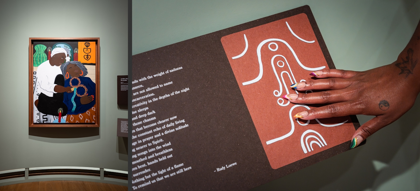 Photographic diptych showing a colourful oil painting on the left depicting two people where one is caring for the other. The image on the right shows the fingertips of a hand tracing the lines of a tactile graphic symbol on an information panel. 