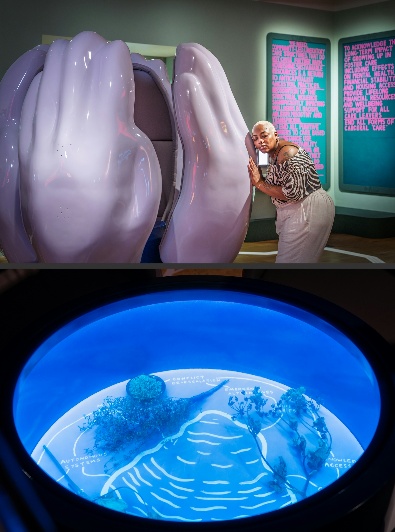 Photographic diptych of a gallery space. The image on top shows a visitor with their eyes closed, right ear pressed up against the side of a large sculpture made up of 4 vertical cupped hands. The image on the bottom shows a circular display case within the centre of the hands containing plant specimens, all bathed in a blue light.