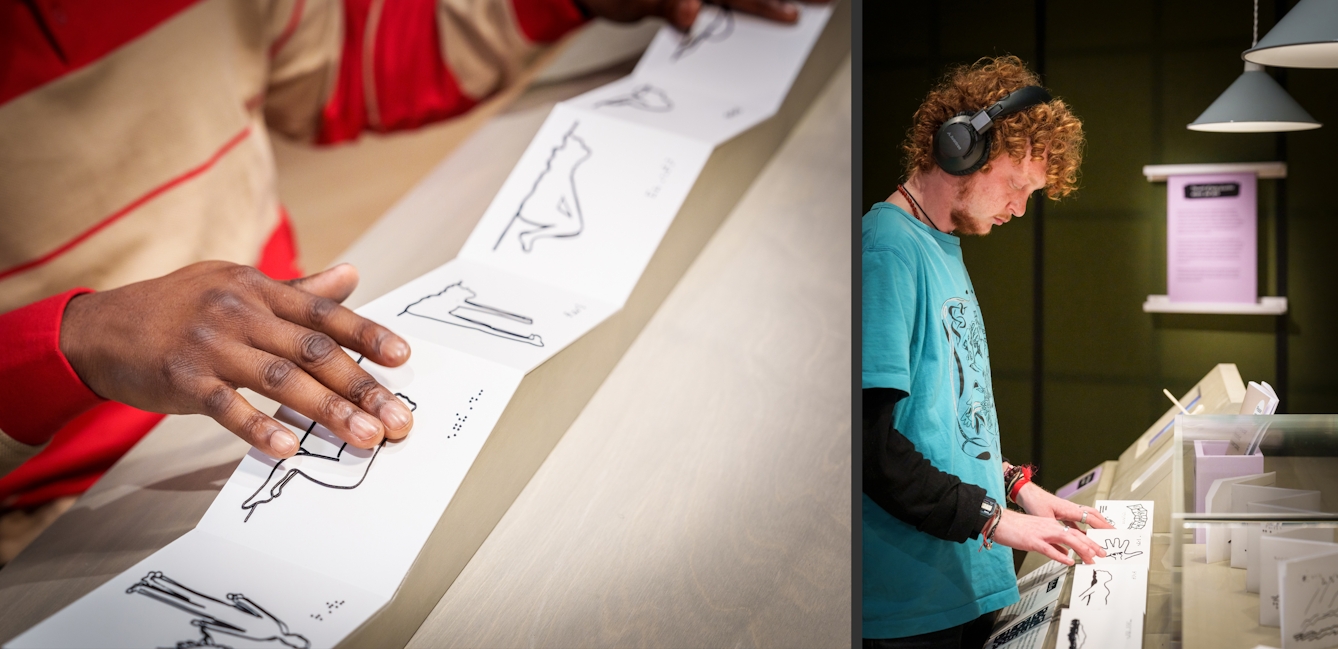 Photographic diptych showing a close-up on the left of a person's hands exploring the raise contours of a series of line drawings depicting the human figure. On the right another person explores the same display whilst listening to audio on a pair of headphones.