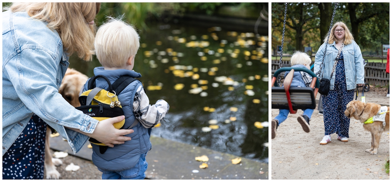 Photographic diptych. On the left Amy crouches down gently holding her child's back as they gaze away from us into an autumn leaf scattered pond. On the right, in a kids playground, Amy pushes her child on the swings, whilst her guide dog looks on.