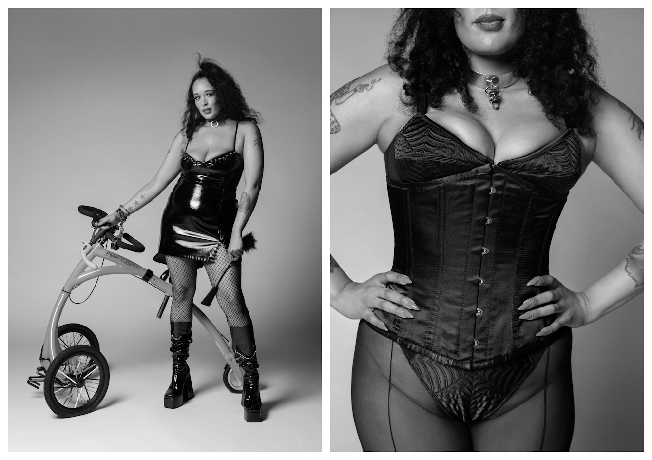 Black and white photographic diptych. On the left Roxy stands next to her walking bike, handcuffed to the handlebars. On the right a close-up image cropped just above her lips and below her waist shows Roxy stood, hands on hips in a corset and sheer tights.