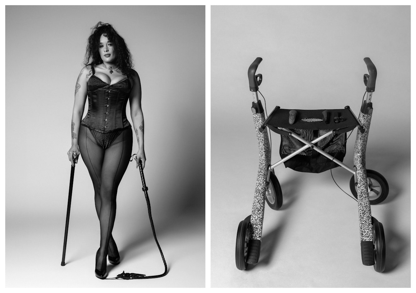 Black and white photographic diptych. On the left stands Roxy, confidently looking straight into the lens, leg crossed. She's wearing a corset and sheer tights. In one hand she holds a long bullwhip which trails to the floor and in the other, a black walking cane. On the right is Roxy's rollator. Resting on the seat are a selection of sex aids and vibrators.
