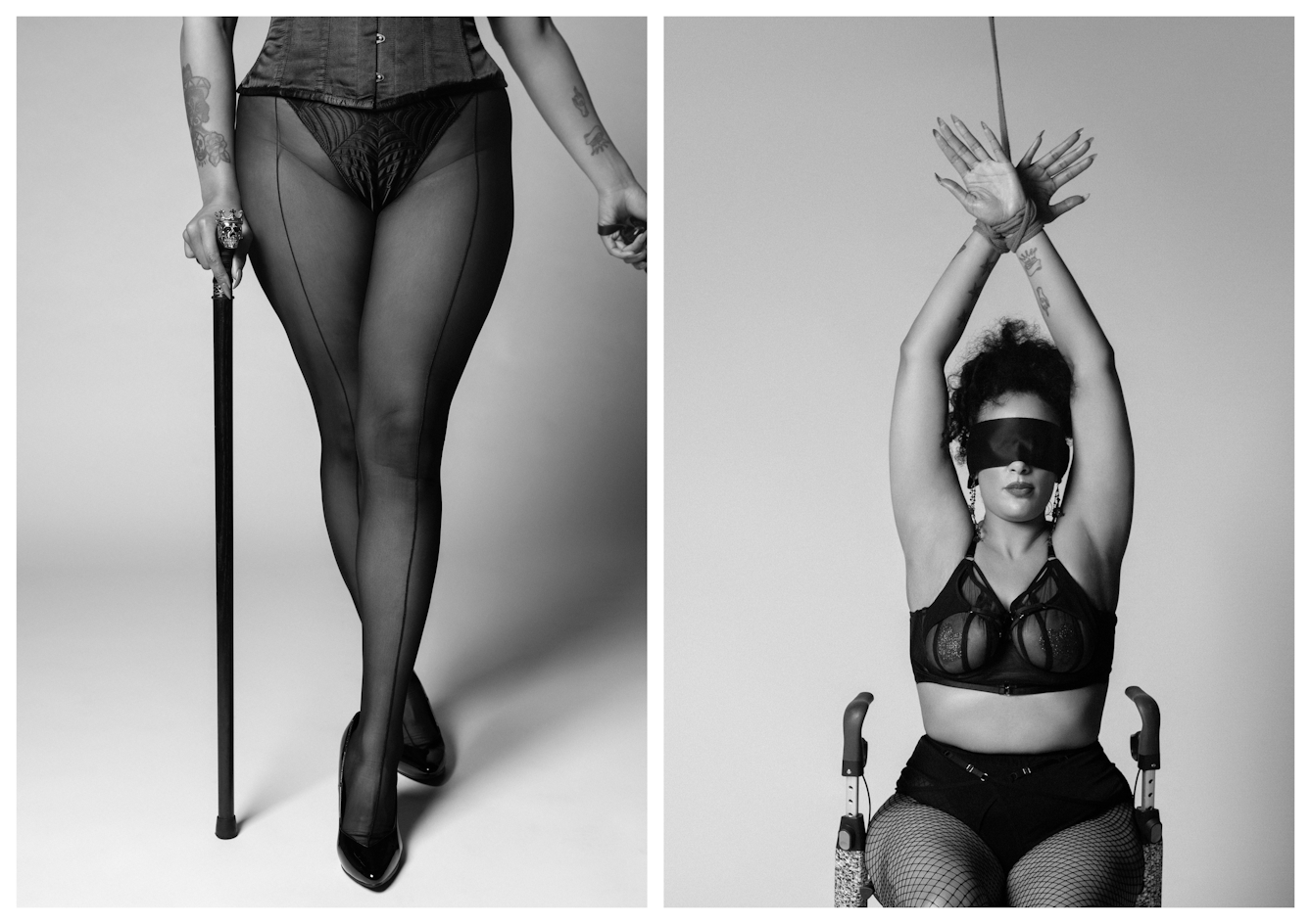 Black and white photographic diptych. On the left Roxy is cropped from the waist down showing her legs in sheer tights, crossing at the ankle. In her right hand she holds a black cane with a human skull on the handle. On the right Roxy is cropped from the waist up, seated in her rollator. She is blindfolded, her arms stretched above her head by a rope binding her wrists together.