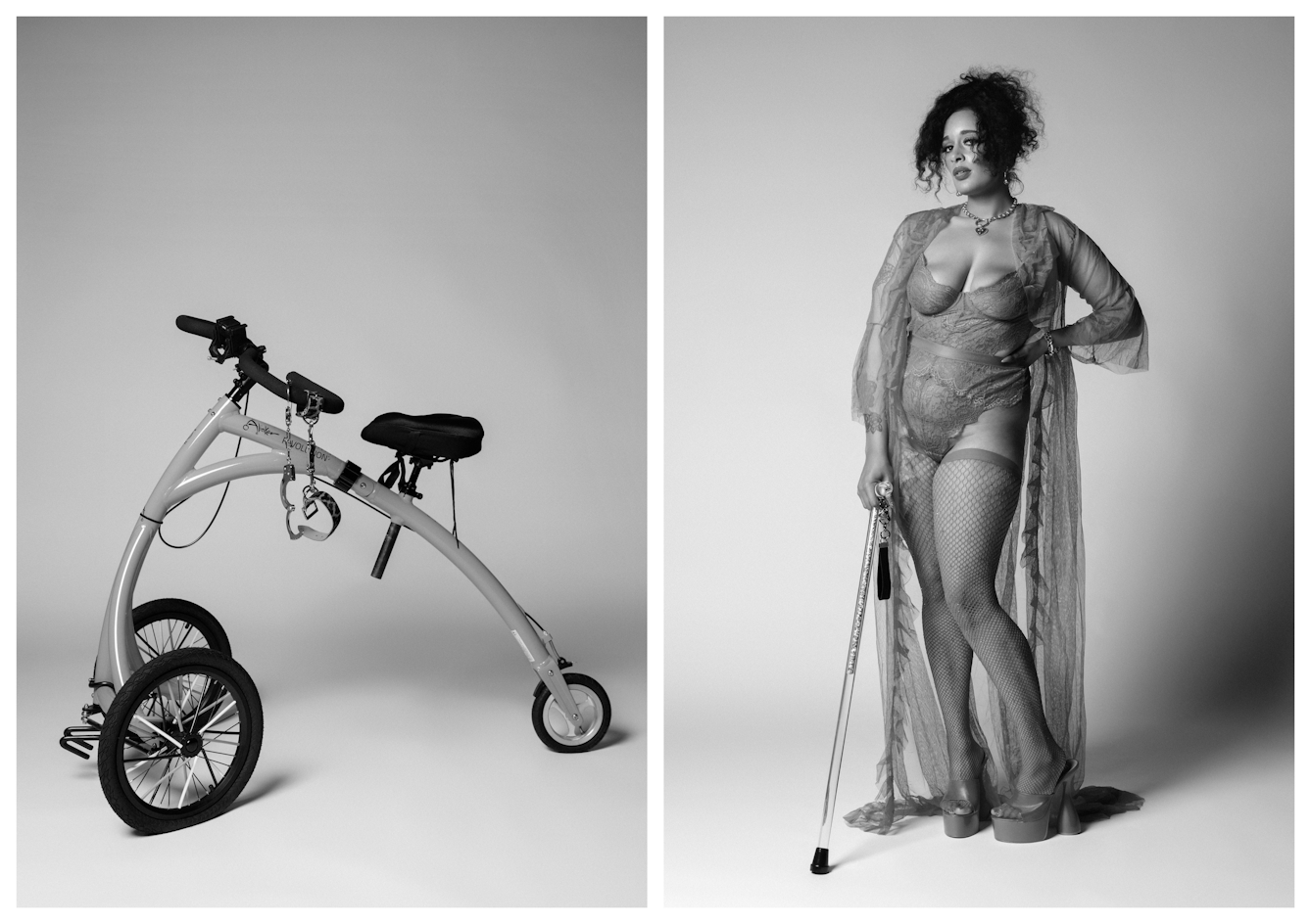 Black and white photographic diptych. On the left is Roxy's walking bike with a pair of handcuffs casually swinging from the handlebars. On the right is Roxy stood staring alluringly to camera dressed in a lace bodysuit, thigh high fishnet tights and a lace robe. Her right hand rests on her hip, her left hand hold her walking stick.