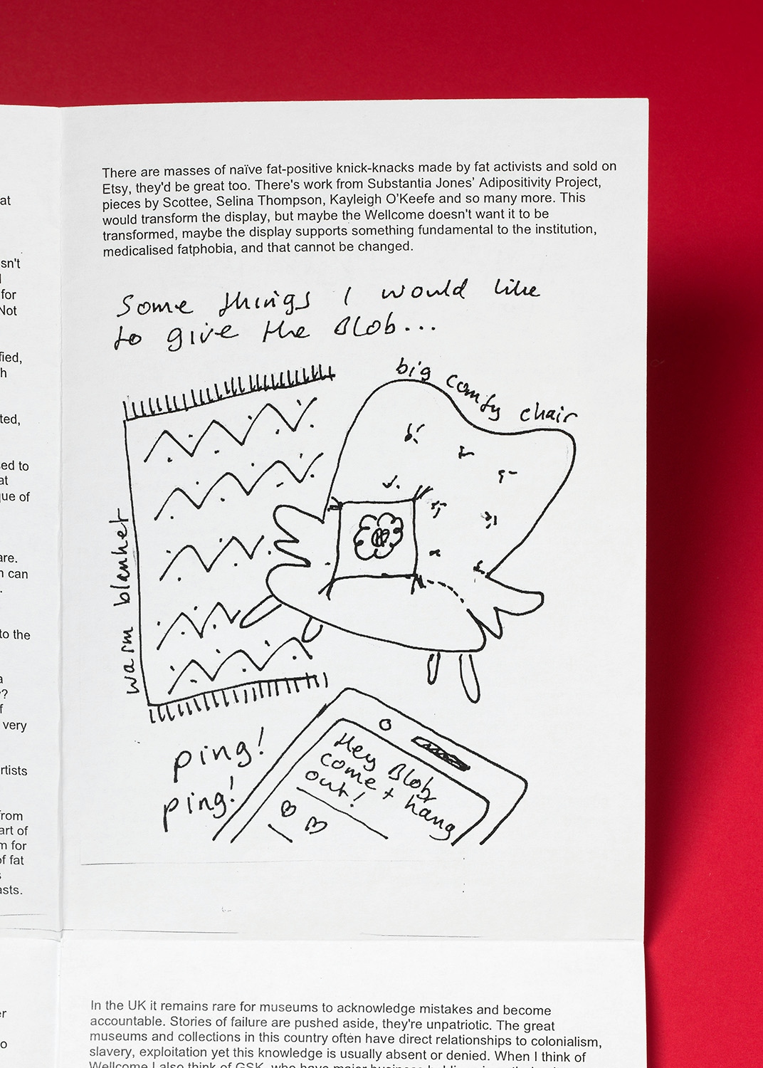 Illustration from a zine called 'The Blob' by Dr Charlotte Cooper. The page shows an armchair on top of a patterned rug and at the bottom of the image is a partial view of a phone displaying a text message. The writing at the top of the image reads "Some things I would like to give the Blob..."