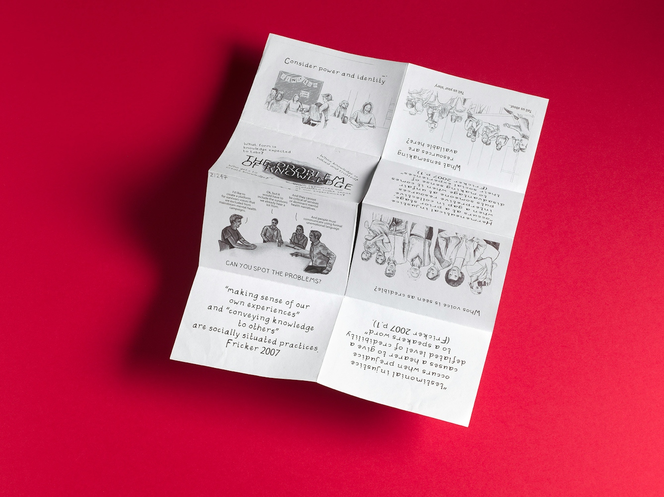 A single sheet of A4 paper unfolded in 8 parts with cuts to make it into a pocket zine. The Zine is called 'The problem of knowledge' and there are texts and illustrations on all eight parts of page that constitute pages.