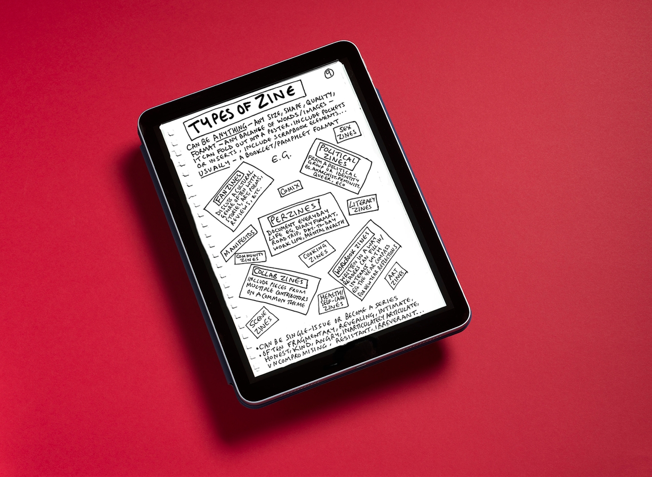 A digital tablet resting on a plane background. The screen shows a page from the digital zine ‘Zine-maker: a zine about zining’. The heading at the top of the page is 'Types of zines' and there are hand-drawn boxes containing text on the page that describe different kinds of zines.
