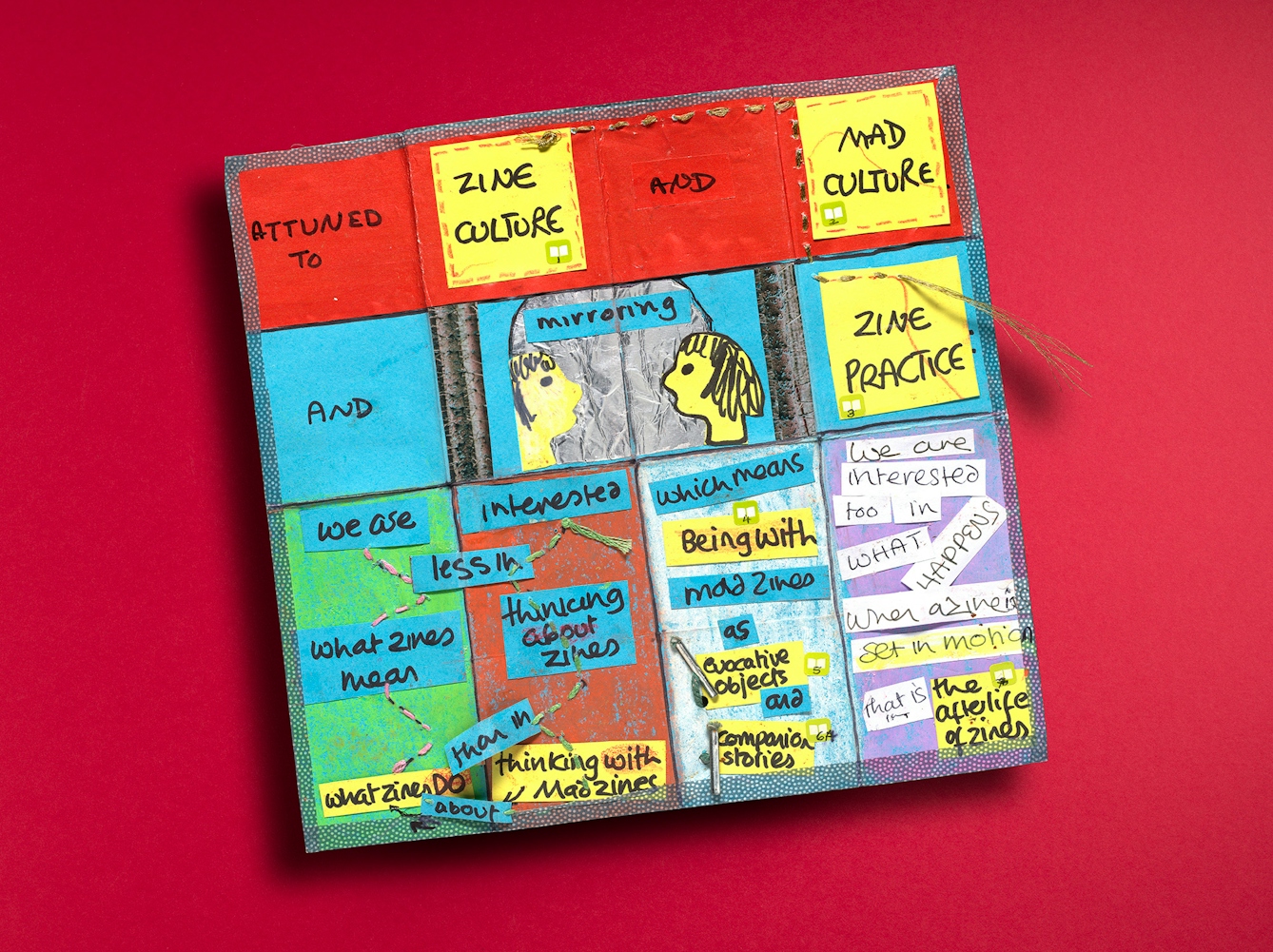 The front cover of a zine titled '‘MadZine Methodology’ by Jill Anderson and Hel Spandler.The cover is formed of a gird of brightly coloured squares containing: drawings of people's heads, cutout text boxes and bits of string sewn into the surface with the ends hanging loose.