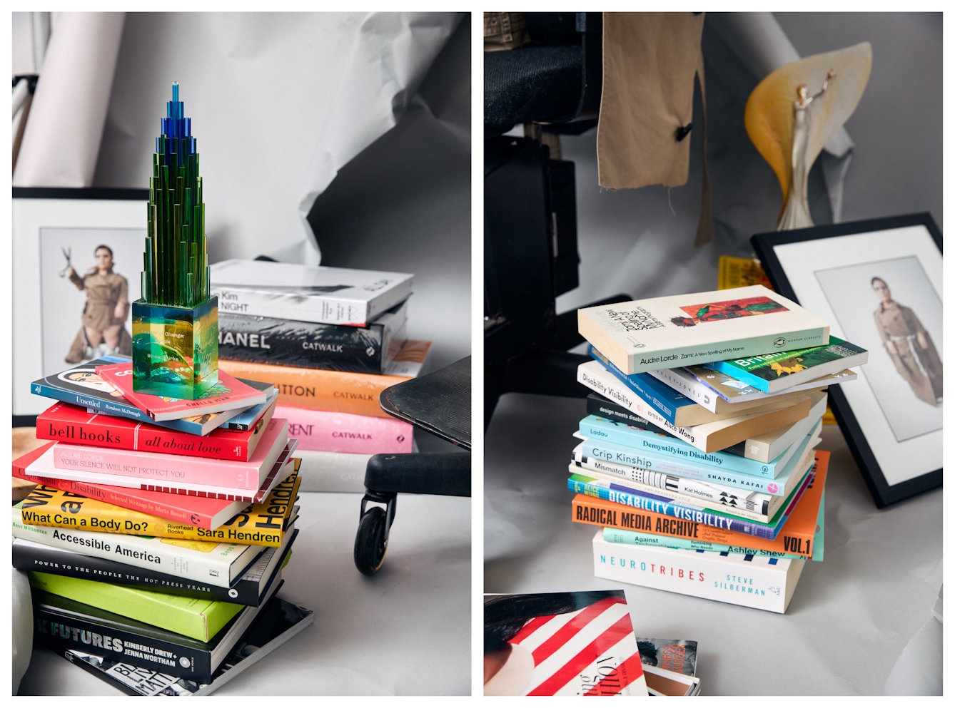 Photographic diptych. Both images are still lives showing piles of books by disabled writers, framed photographs of Sinéad and award trophies.