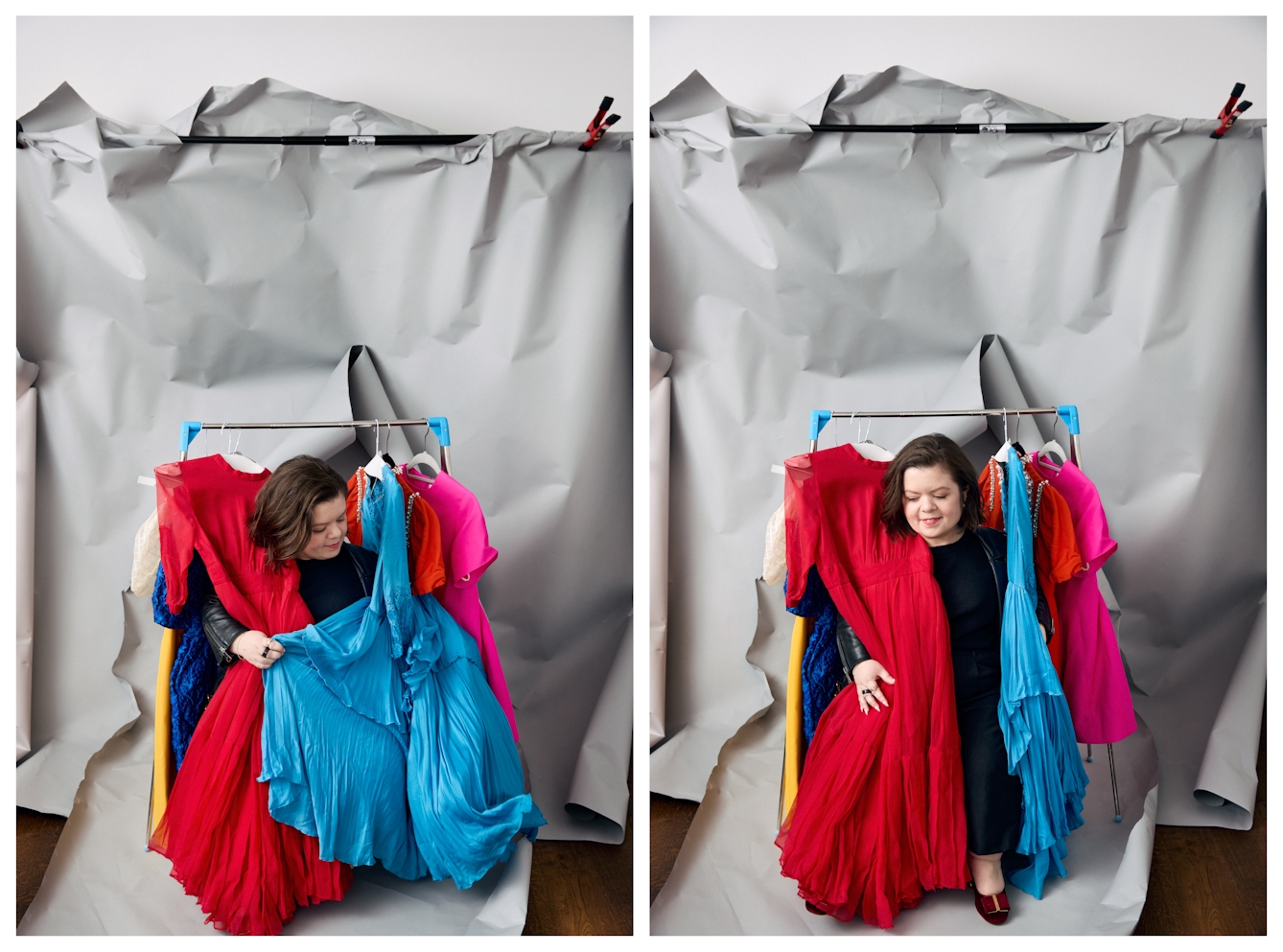 Photographic diptych. Both images picture Sinéad standing within a clothes rail, enveloped by brightly coloured dressed in reds, blues and pinks. The brightly coloured clothes jump out against the grey crumpled backdrop.