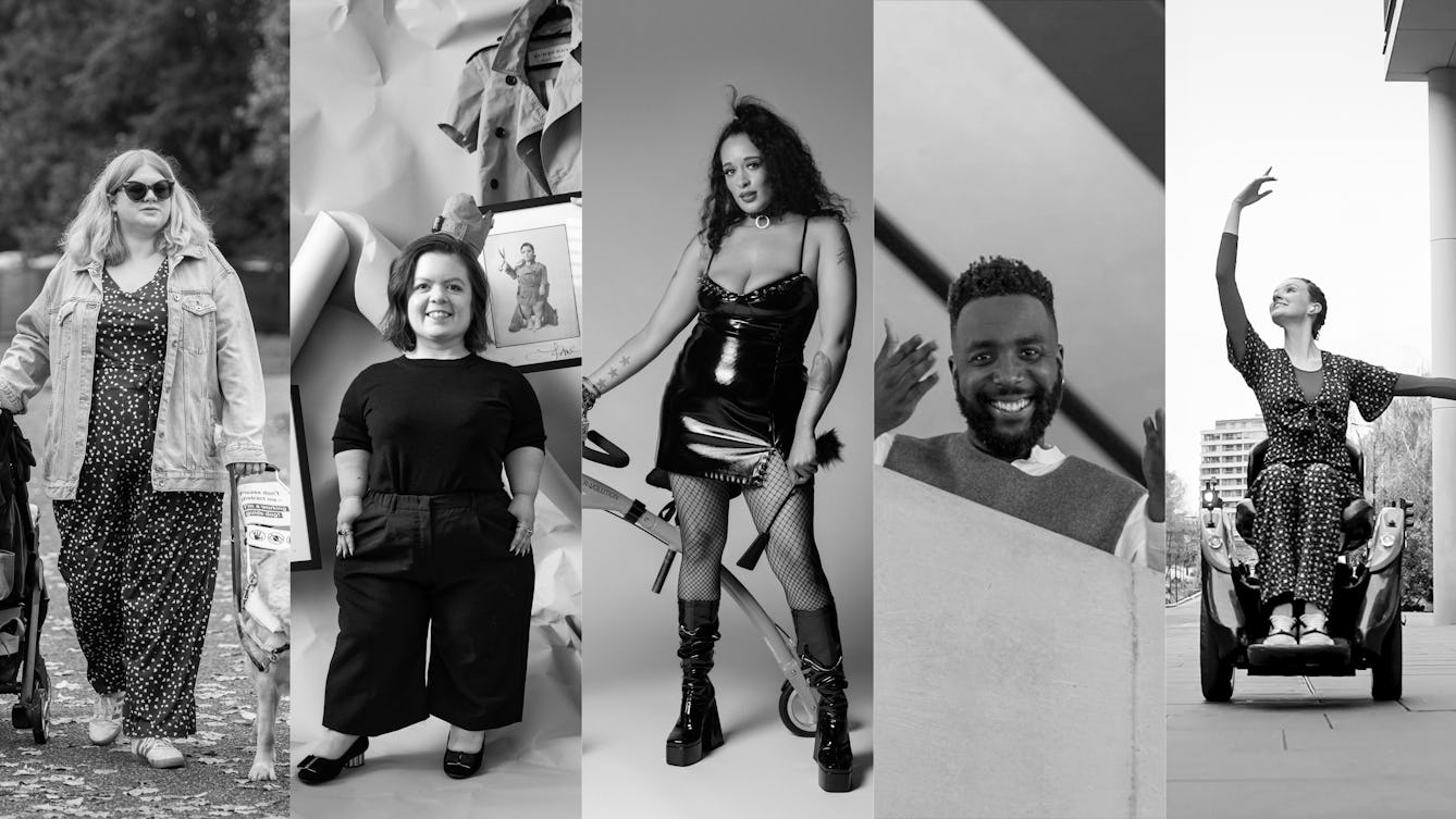 Black and white photographic composite of 5 portraits, vertically sliced through the image.